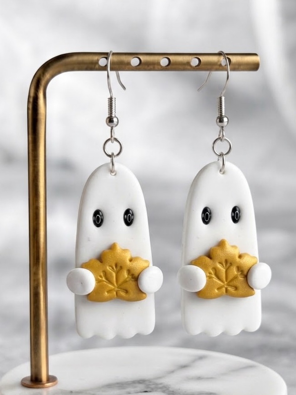 Fall Ghostie with Maple Leaf — Handmade Earrings — Various Colours Available